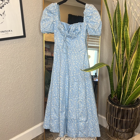 House of CB ‘Tallulah’ Blue Ivory Puff Sleeve Midi Dress NWOT - Picture 9 of 12